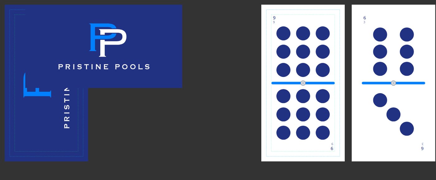 Custom Calle Nueve deck for Pristine Pools: navy card back with the company logo, white faces with a pool blue bar