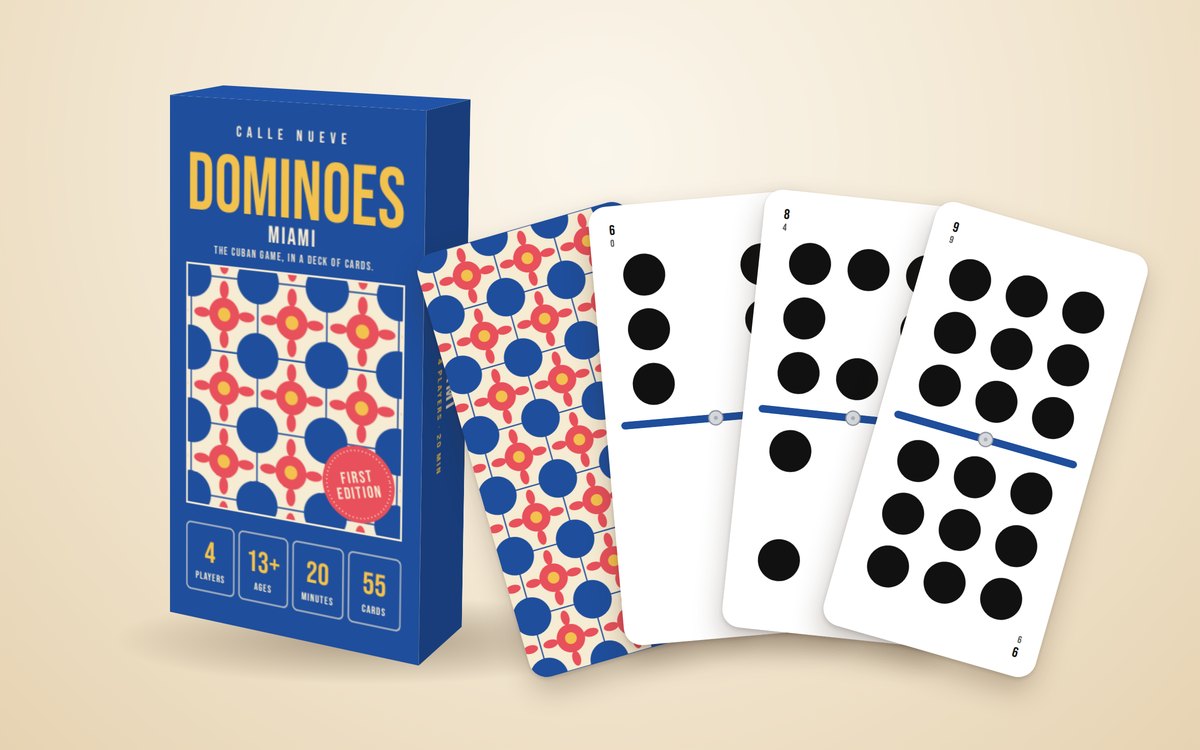 The Calle Nueve First Edition box, cobalt blue with a Cuban cement tile window and a First Edition stamp, next to four fanned cards: the tile back, the 6-0, the 8-4 and the 9-9