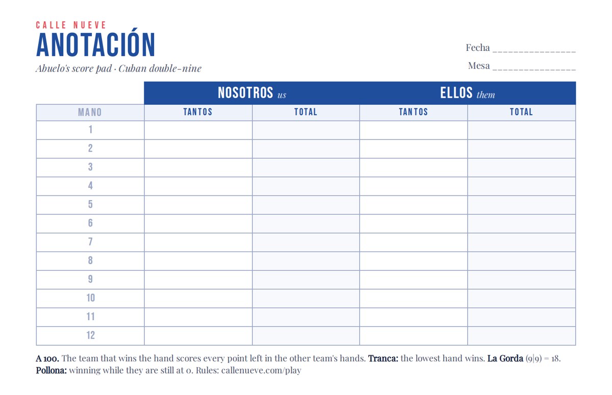Calle Nueve score pad with columns for nosotros and ellos